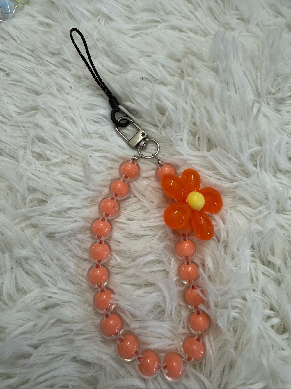 Orange Flower Beaded Phone Strap - Peach Bead Wrist Strap